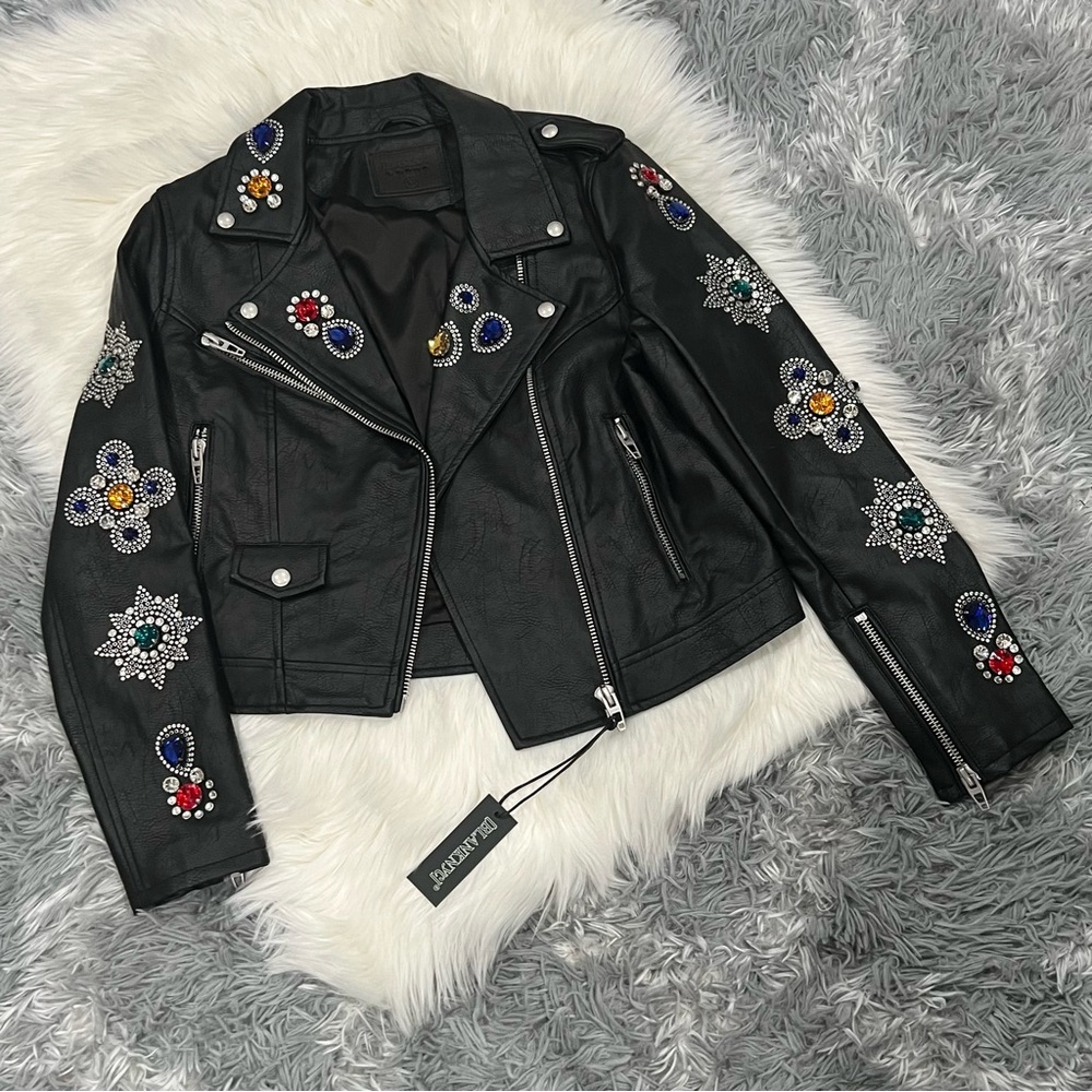 Blank NYC Black Leather Jacket with Colorful Embellishments & Studs Size M NWT